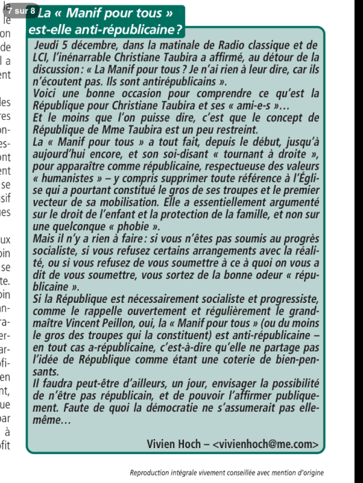 Manif pour tous : anti-républicaine selon Taubira